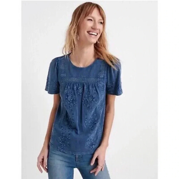 Lucky Brand | Distressed Puff Sleeve Embroidered Top - Picture 12 of 12